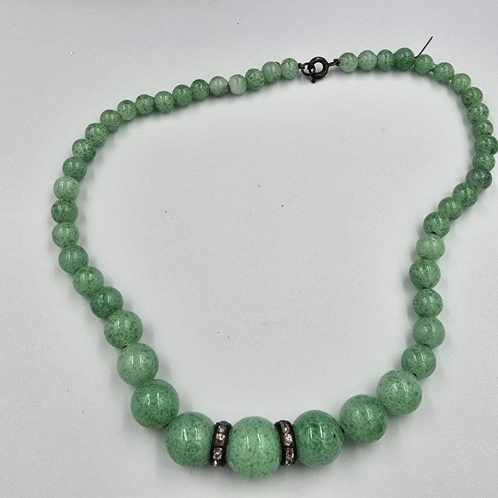 Antique Jade Green Peking Glass Necklace Bead Rhinestone Choker 14"